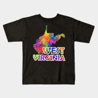 Colorful mandala art map of West Virginia with text in multicolor pattern Kids T-Shirt